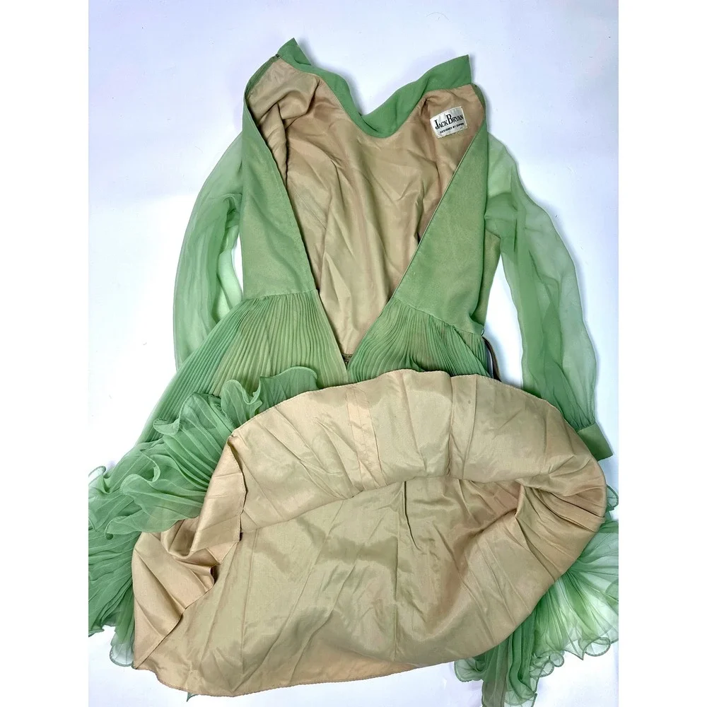 Vintage 70s Jack Bryan Pastel Green Chiffon‎ Pleated Midi Dress Mock Neck Belted